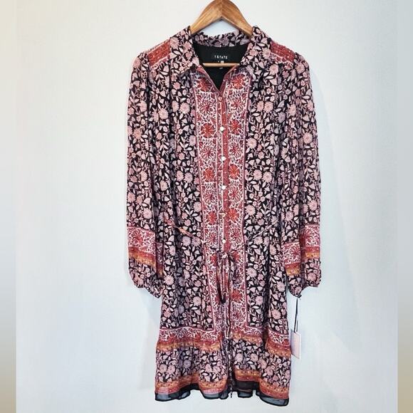 NEW 1. State Floral Print Button Front Boho Dress Orange Black Size Large - Picture 1 of 12